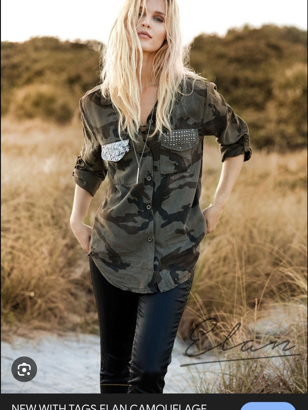 Elan Camo 100% Cotton Button-Up Jacket with Studded & Sequin Pockets_S